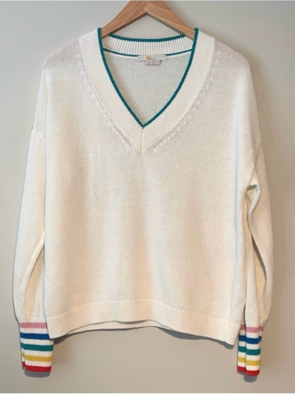 Boden Bamburgh Women's White linen cotton Sweater with Striped Cuffs size 10